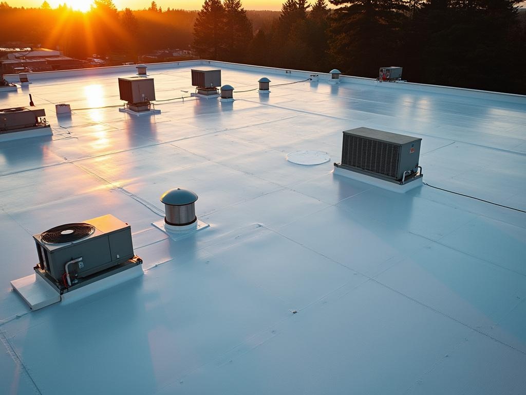 Aerial sunset view of a commercial flat roof in Corvallis, Oregon featuring a seamless spray foam surface, HVAC units, and vents, shot from a drone at 75 feet elevation.