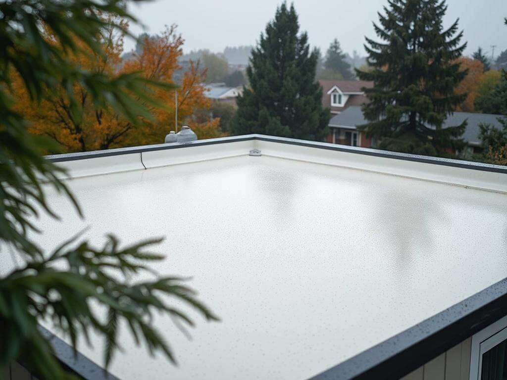 Freshly applied seamless foam roofing in Corvallis, Oregon under overcast daylight, surrounded by rain-slicked fir and maple trees with the misty Oregon skyline in the backdrop.