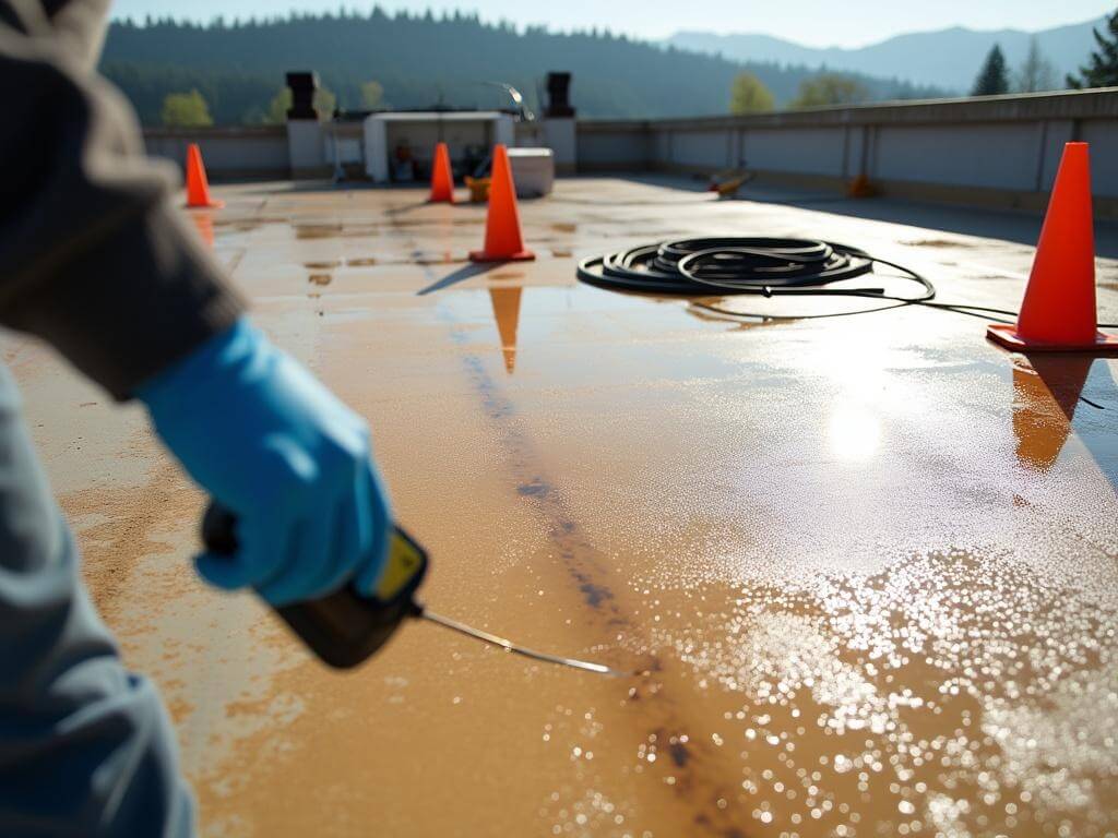Technician preparing for spray foam application on a commercial roof, holding a moisture meter near damp patches, with safety cones, blower hose, and tools arranged neatly, under morning sunlight with green foothills in the background.