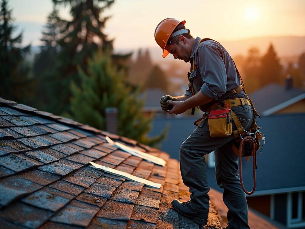 "Roofing contractor inspecting shingles on a wet residential rooftop in Albany, Oregon during golden hour, with the Willamette Valley and evergreen trees in the background"