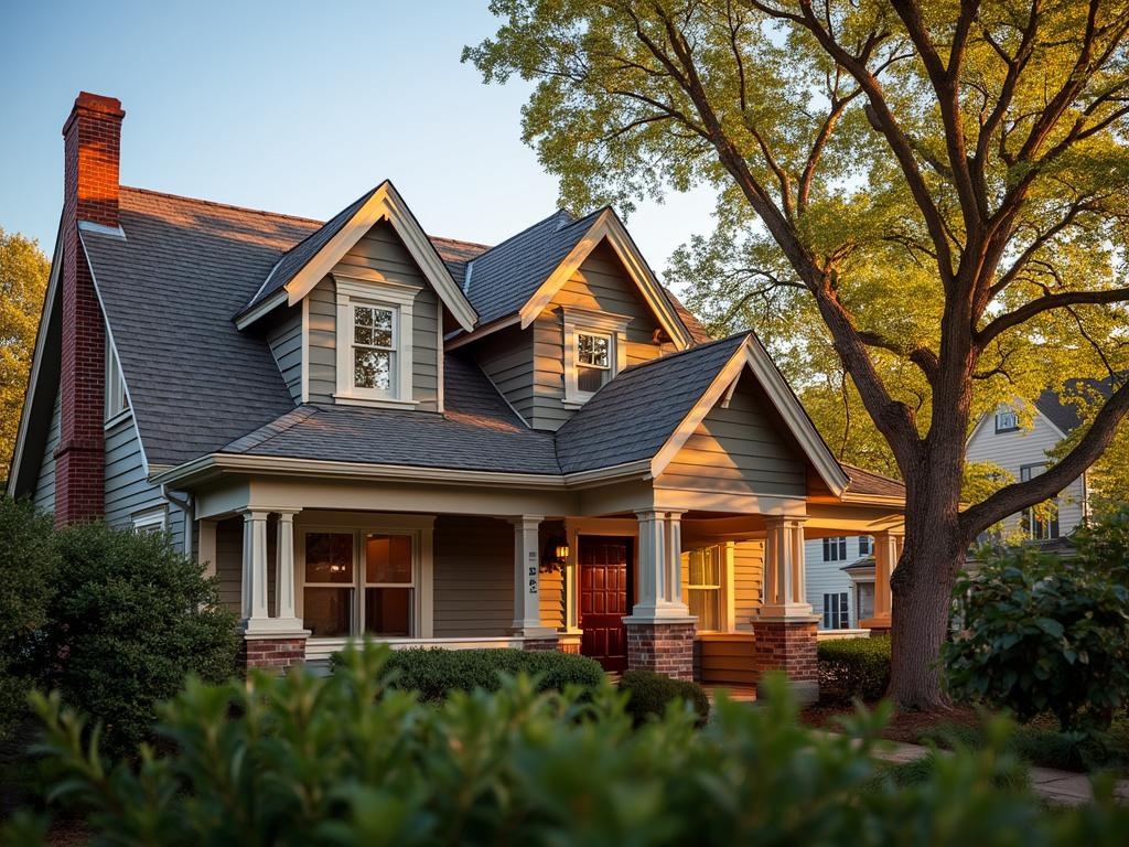 Craftsman-style house with new architectural shingle roof and copper flashing around chimney in Albany's historic Hackleman district during golden hour