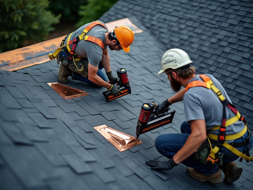 Professional roofers installing dark charcoal architectural shingles with pneumatic nail guns, copper flashing around a vent visible, shot from an overhead angle