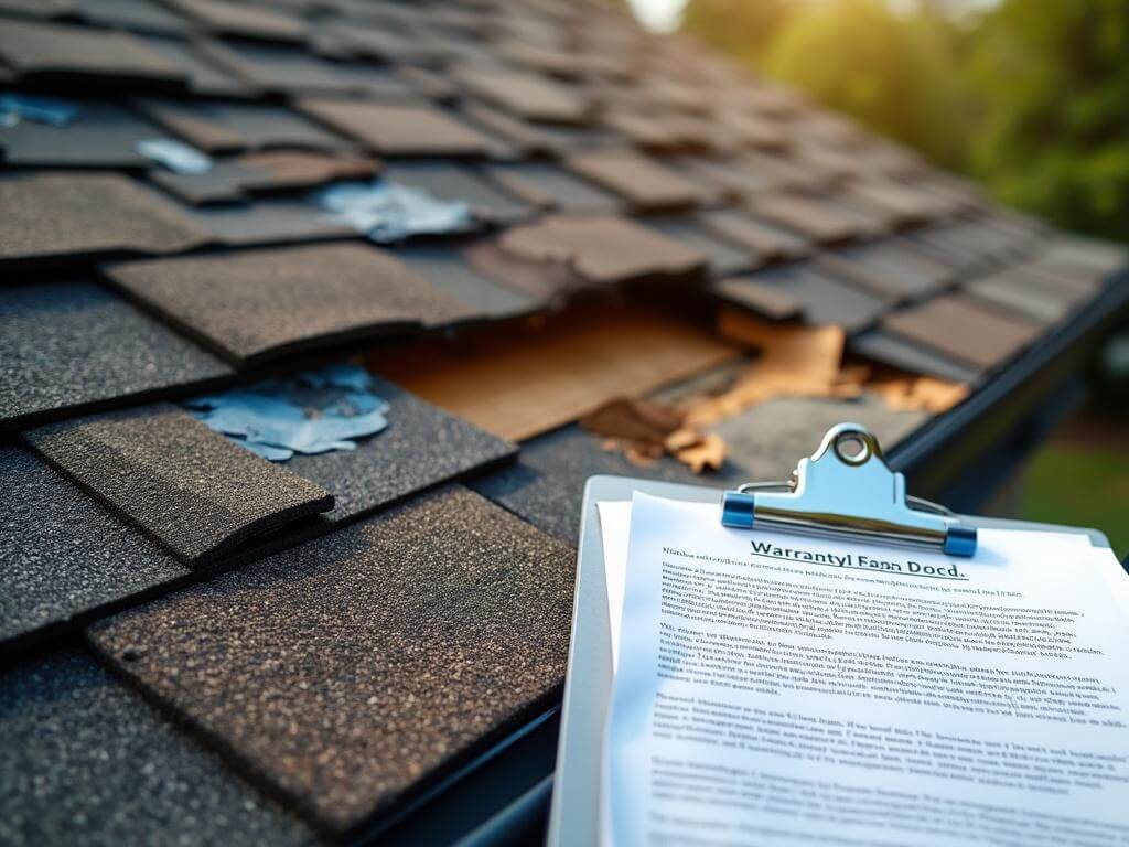 "Close-up view of a damaged residential roof with missing shingles, alongside a contract and insurance paperwork highlighting warranty details, under natural daylight with a sharp focus on a contractor's clipboard."