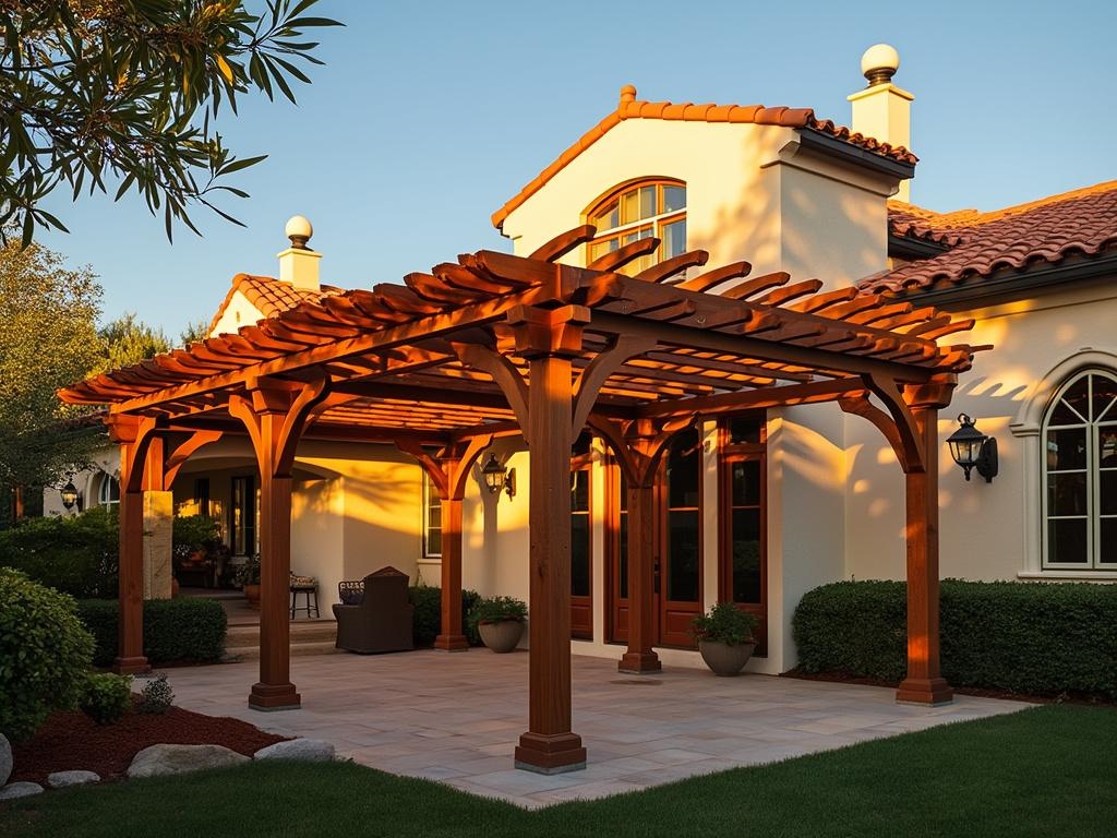 Spanish colonial house with a wooden pergola on the back patio during golden hour, creating intricate shadows on the terra cotta roof tiles