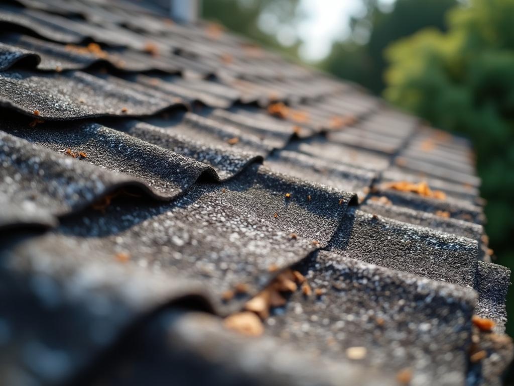 Detailed close-up of deteriorating asphalt shingles on a residential roof with visible granule loss and curling edges, captured in natural sunlight with high-end DSLR camera.