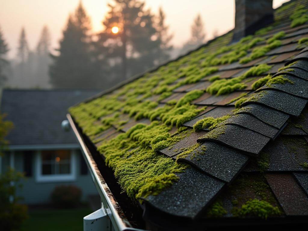 "Early morning photo of moss-covered residential roof in Corvallis, Oregon, highlighting weathered shingles, moss growth, and water stains, with silhouettes of Douglas firs in the background."