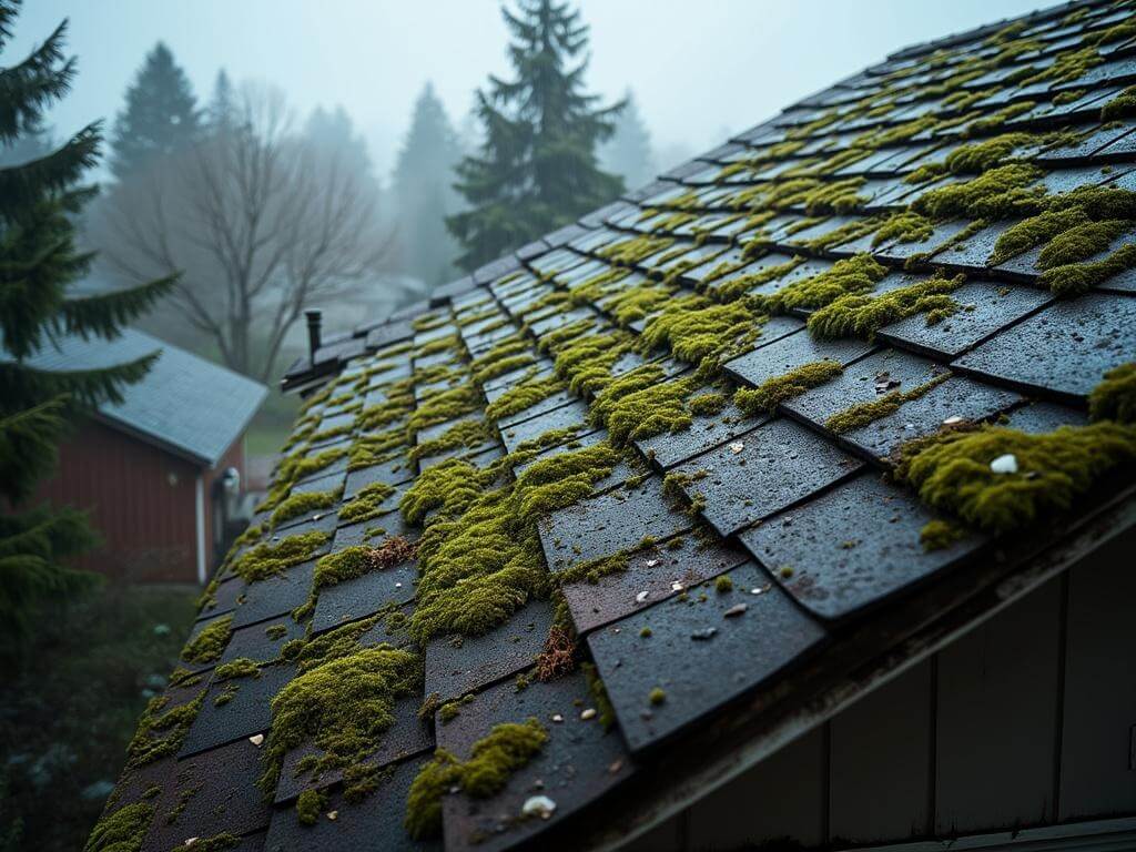 Wet winter morning scene showing moss growth and storm damage on the roof of an old craftsman-style home in Corvallis, Oregon, captured at a slight aerial angle.