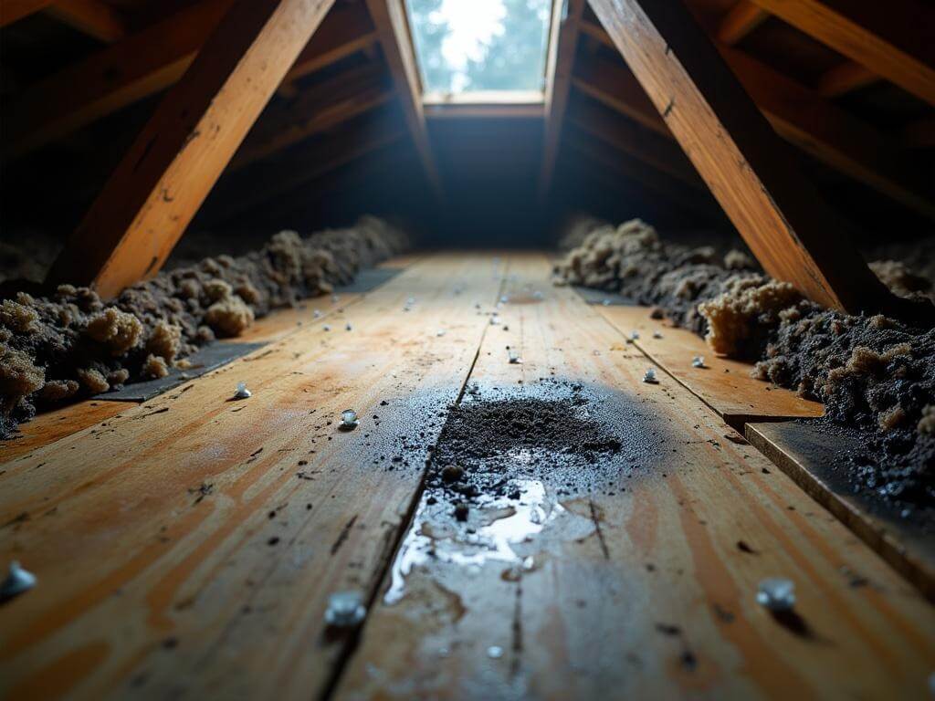 Water damaged, poorly ventilated attic in a Corvallis home, with dark streaks, damp insulation, black mold, and a rot near the eaves, highlighted by a small natural light entering from a poorly sealed vent.