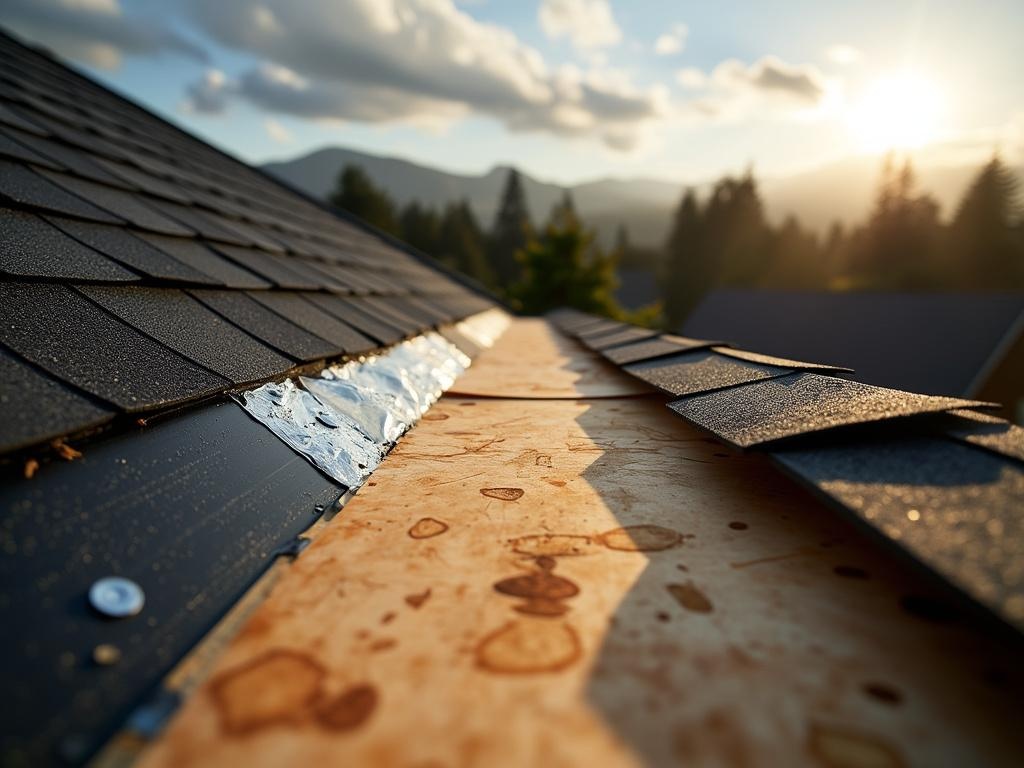 Partial roof replacement with new plywood and black shingles in morning sunlight with Oregon Coast Range mountains in background