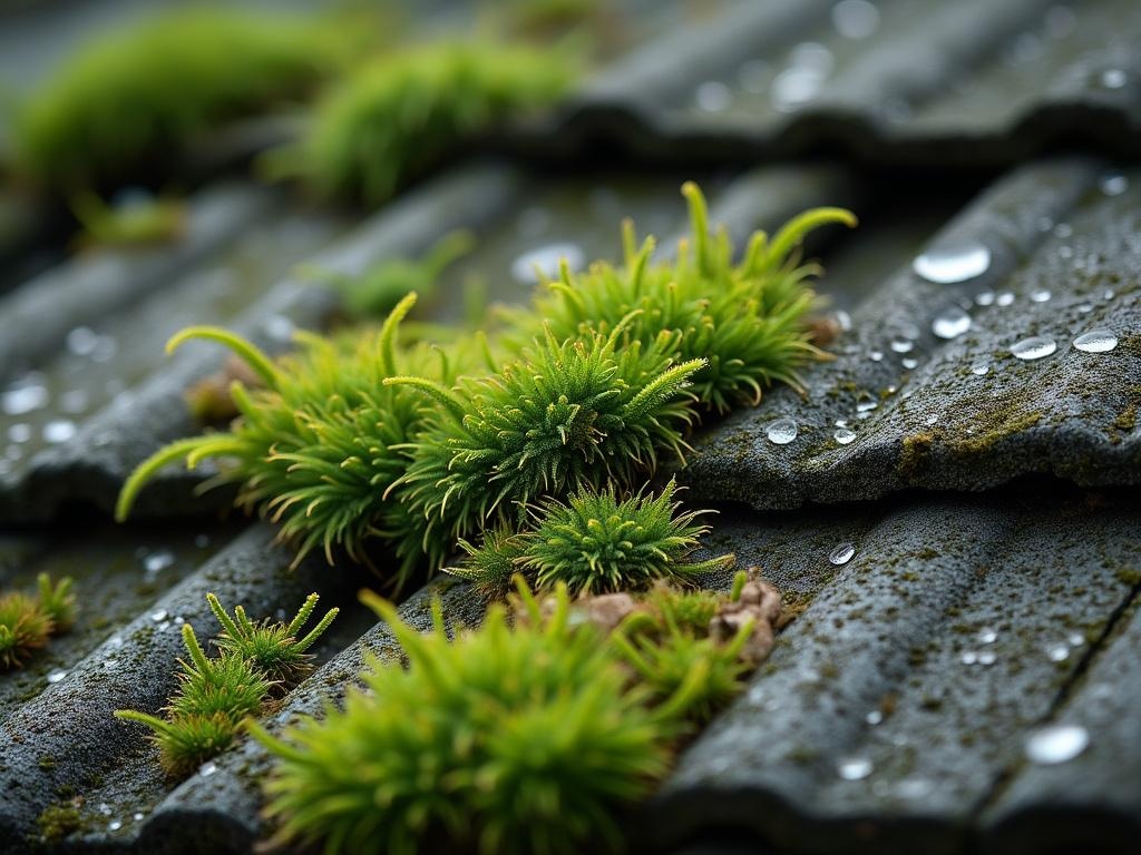 Close-up image of emerald green moss interweaving with eroded gray asphalt shingle granules, highlighted by water droplets and shot in overcast lighting conditions.