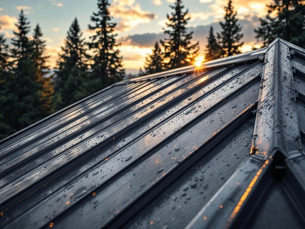 "Architectural shot of a charcoal gray standing seam metal roof in Corvallis, Oregon, with water droplets reflecting sunset after rain, surrounded by green Douglas fir trees."
