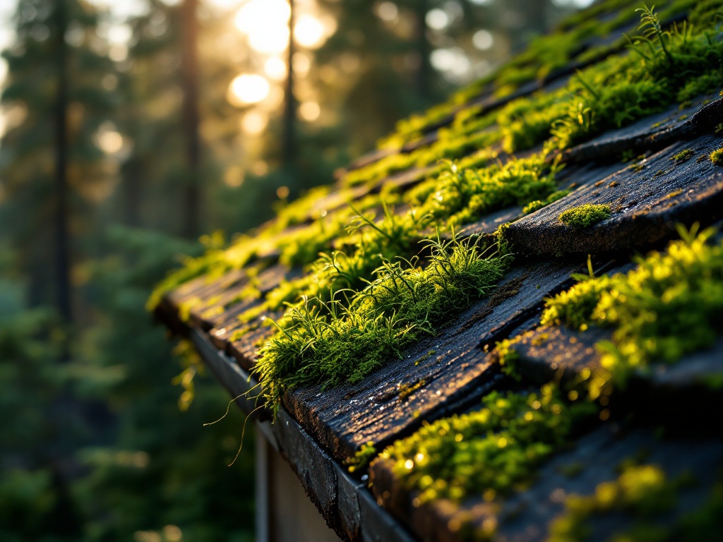 Heavy green moss growth on weathered asphalt shingle roof with cedar trees in soft bokeh background, capturing dew and moss tendrils under light conditions in Pacific Northwest.
