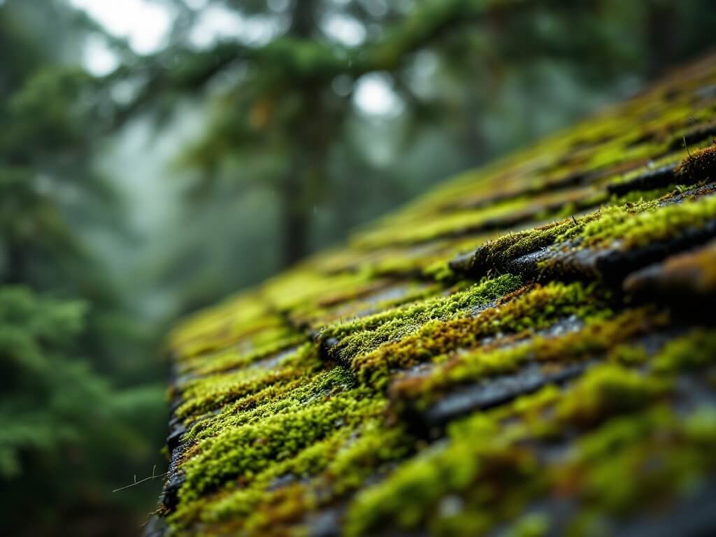 Close-up image of moss on shaded asphalt shingles of a roof in Corvallis, Oregon, taken from a downward angle with blurred coastal evergreens in the background.