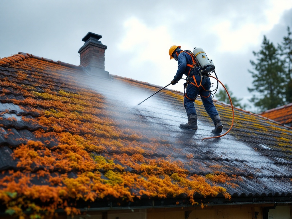 Professional roofer applying copper-based moss treatment on a clean roof section, with professional-grade spraying equipment and safety gear in foreground, shot in overcast lighting.