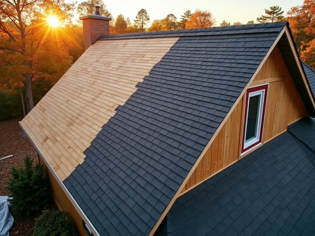 Half-completed roof replacement during golden hour, showing contrast between exposed rafters and new shingles, shot with a Canon EOS R5.