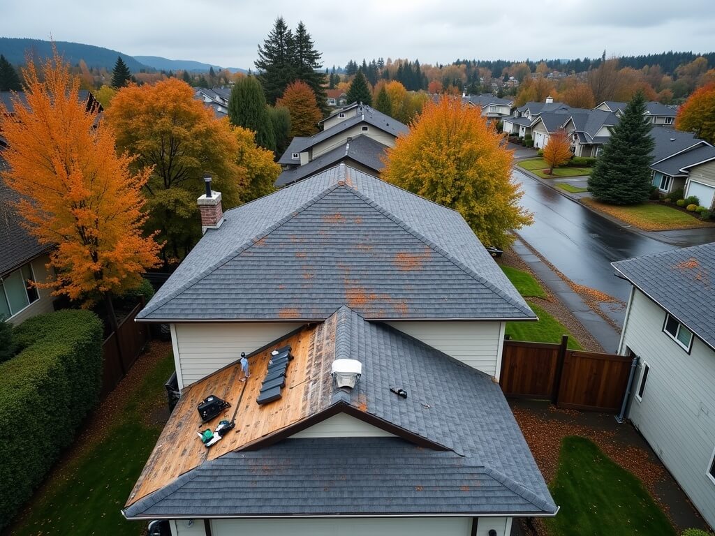 "Overhead drone shot of residential roof replacement in Corvallis, Oregon during fall, showing a partially installed new asphalt shingle roof, with workers' tools and materials, surrounded by vibrant foliage, under overcast sky."