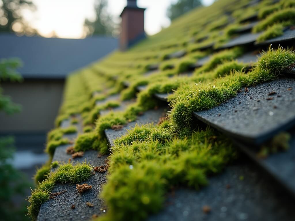 Close-up of moss-covered shingles on an old roof in Corvallis, Oregon, with dew, faint spiderwebs, distant cedar branch, and chimney visible.