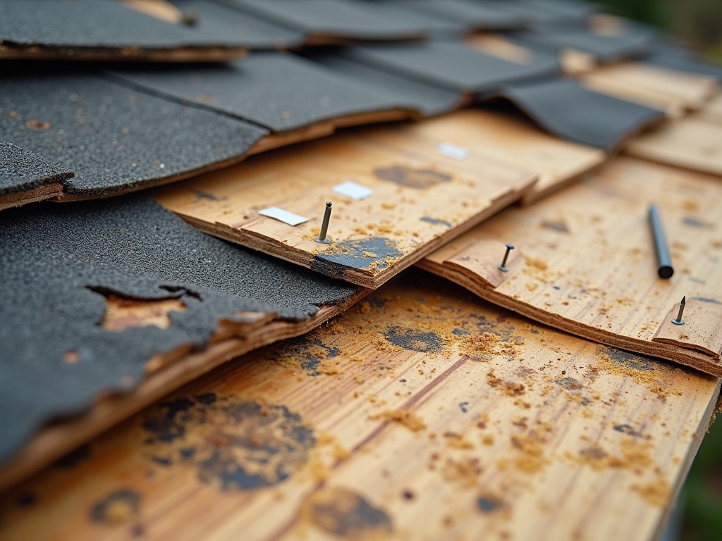 Close-up of damaged roof decking with water stains, soft spots, and protruding nails, highlighted by chalk marks with measuring tape and pencil for scale under overcast lighting.