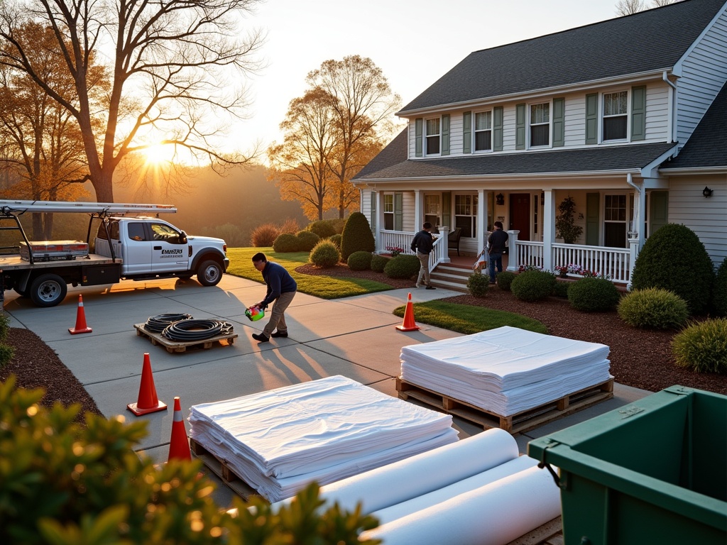 Professional roofing crew on early morning, setting up precisely organized materials including GAF Timberline HDZ shingles at a suburban property, protecting the landscape with white tarps and safety measures.