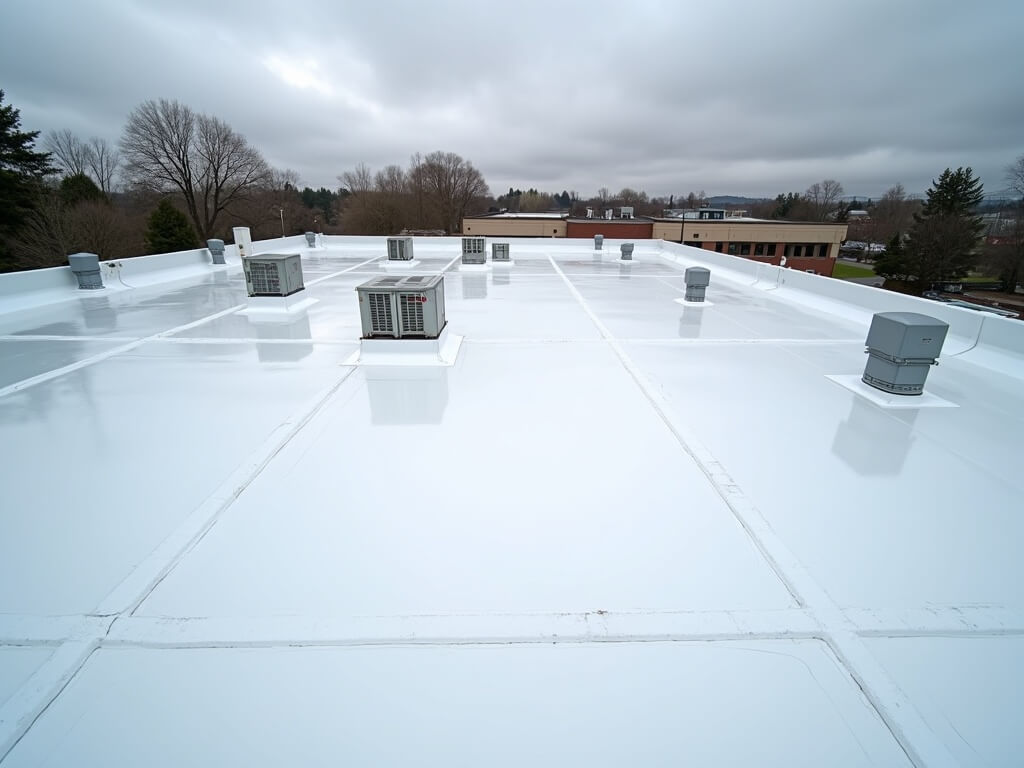 High-resolution drone shot of a renovated commercial roof with a white PVC single-ply membrane on a medical clinic in Salem, Oregon, showing detailed flashings around HVAC units under overcast skies.