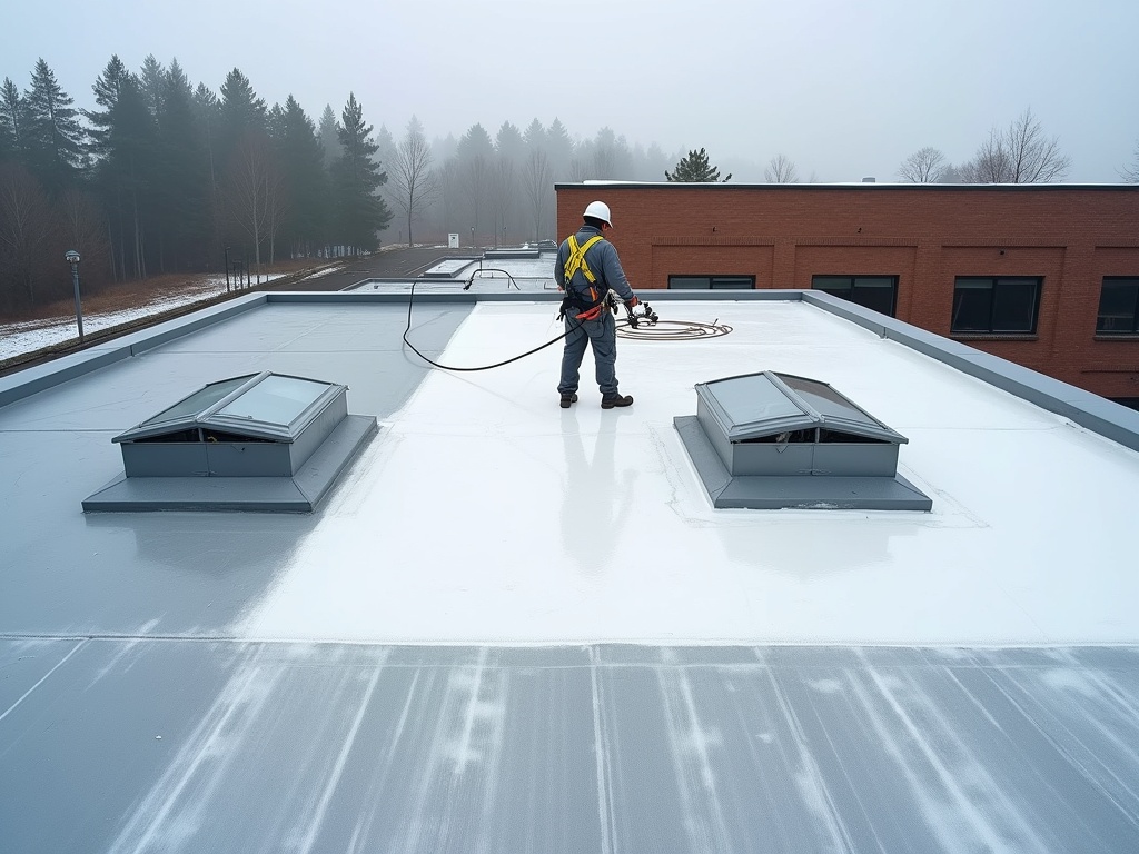 Technician in safety gear applying white silicone coating on a washed and primed flat EPDM roof with visible seams, two large masked off skylights, and new white flashing tape on a South Salem building.