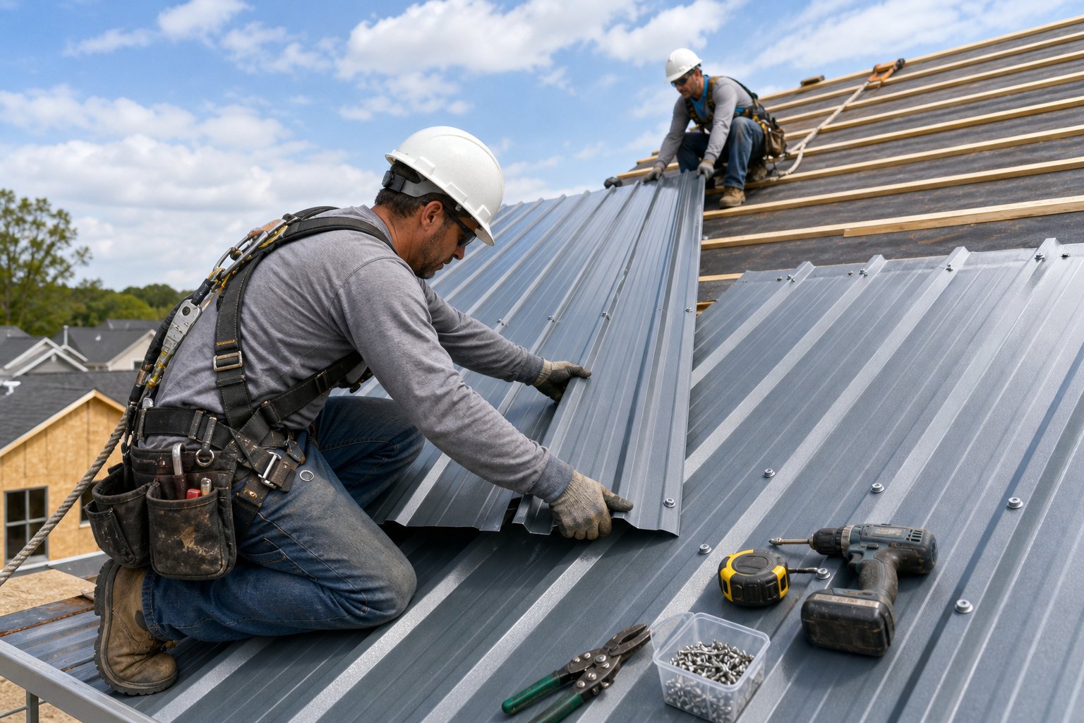 Workers install corrugated metal panels on a sloped residential roof.
