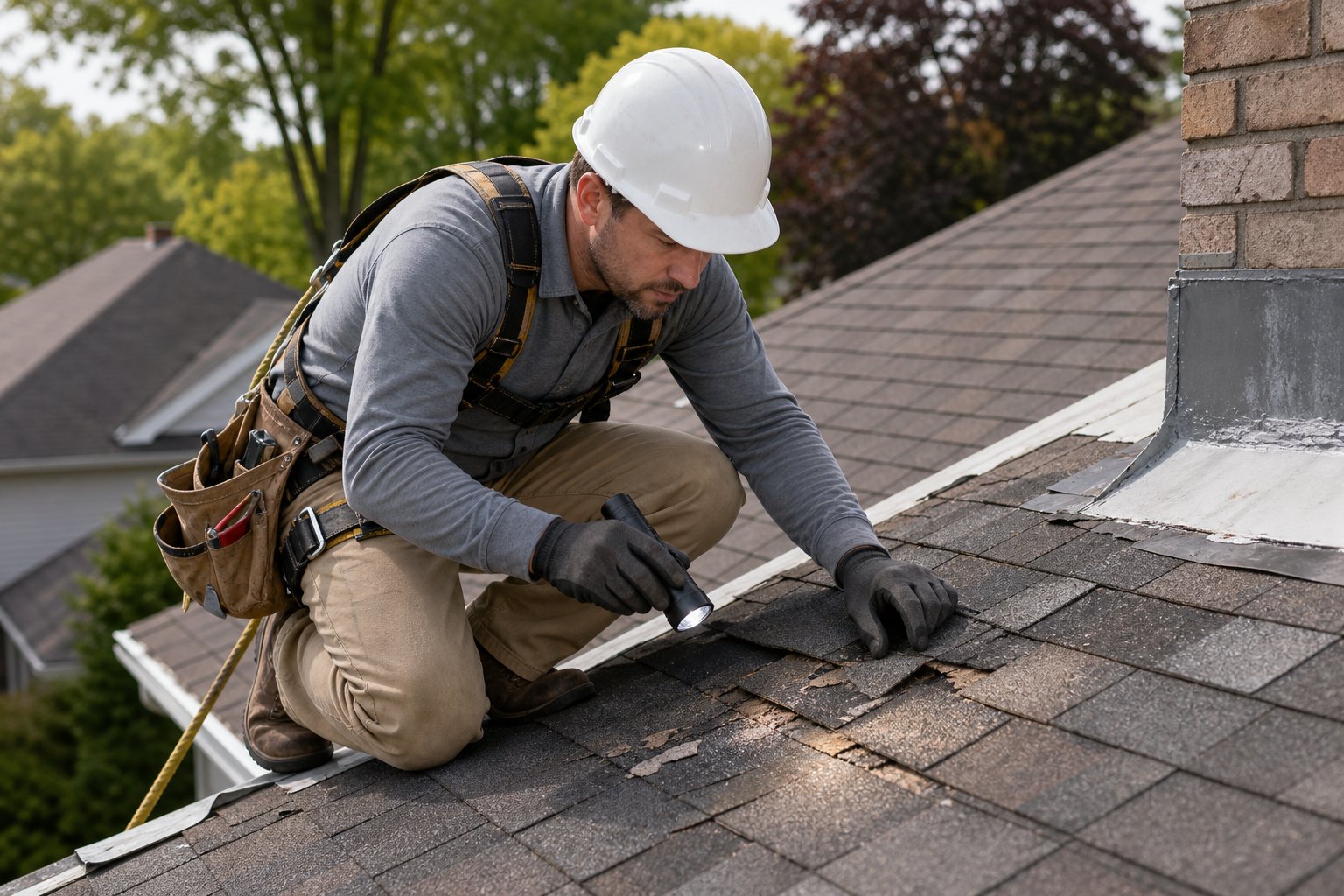 A roofing professional inspects worn shingles on a residential roof.