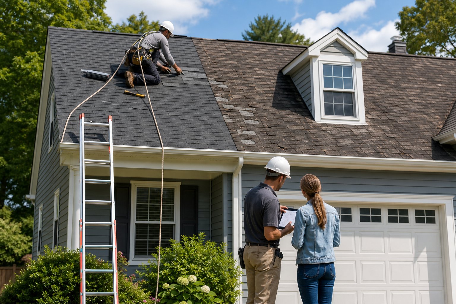 Roofing professionals inspect a residential roof while discussing repair and replacement options with a homeowner.