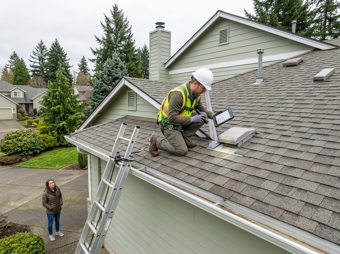 A home inspector examines the roof of a suburban house while a prospective buyer observes nearby.