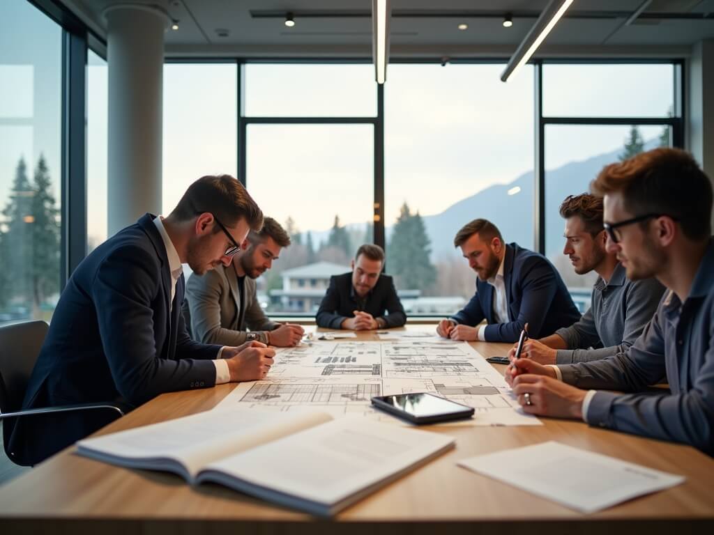 People reviewing building plans and paperwork around a meeting table