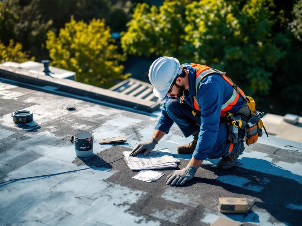 Worker reviewing paperwork while kneeling on a commercial flat roof