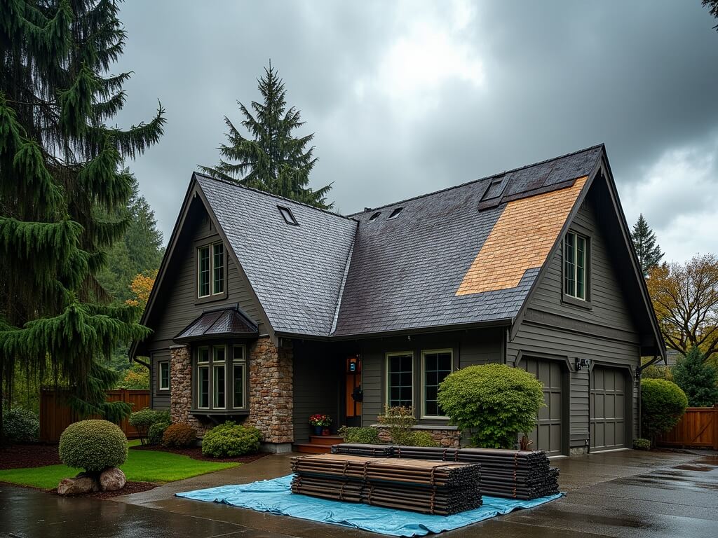 House with a partially stripped pitched roof and roofing materials stacked in the driveway.