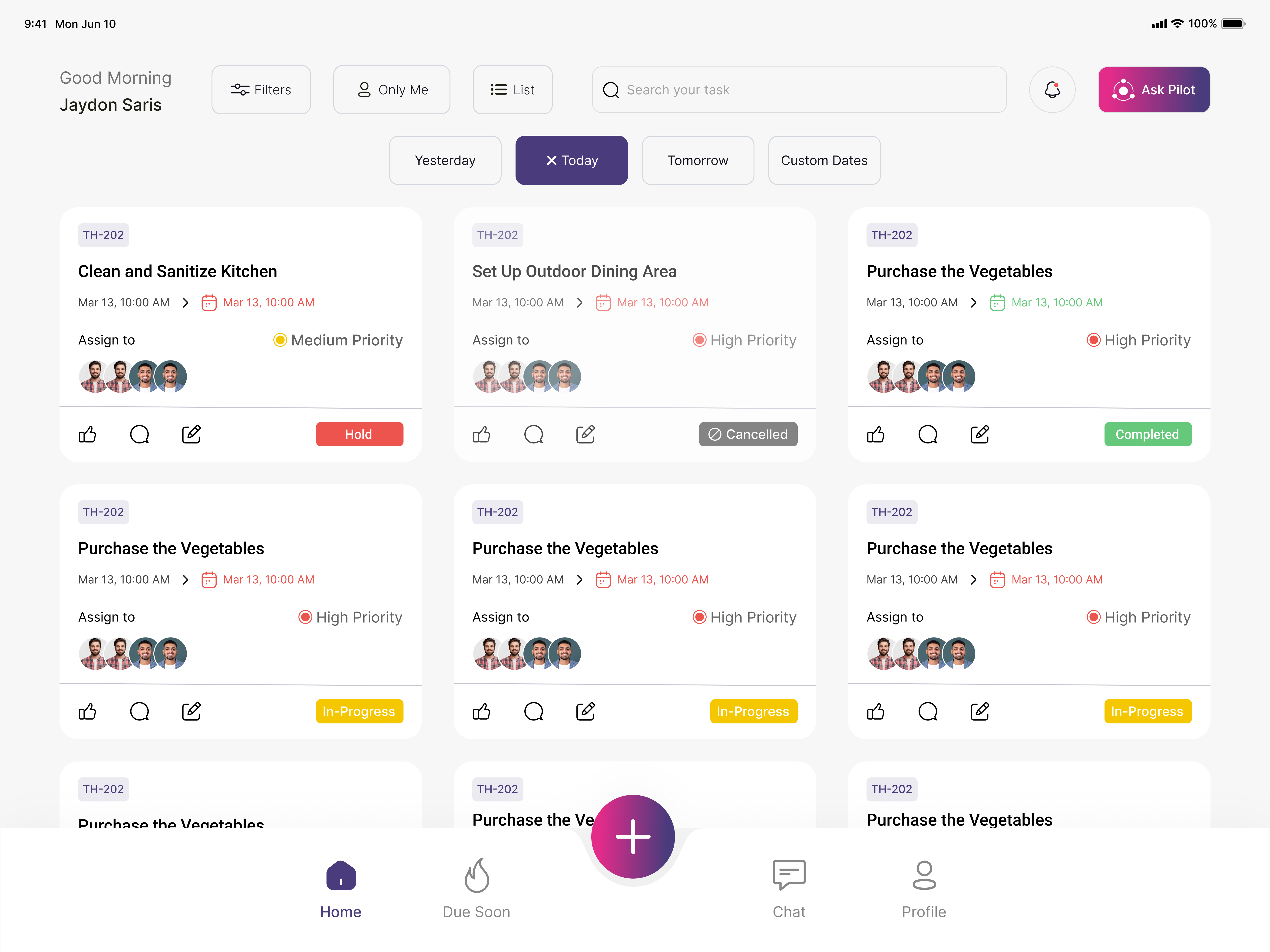 TasklyHub list view displaying a project's tasks, assignees, due dates, and status in an organized list format
