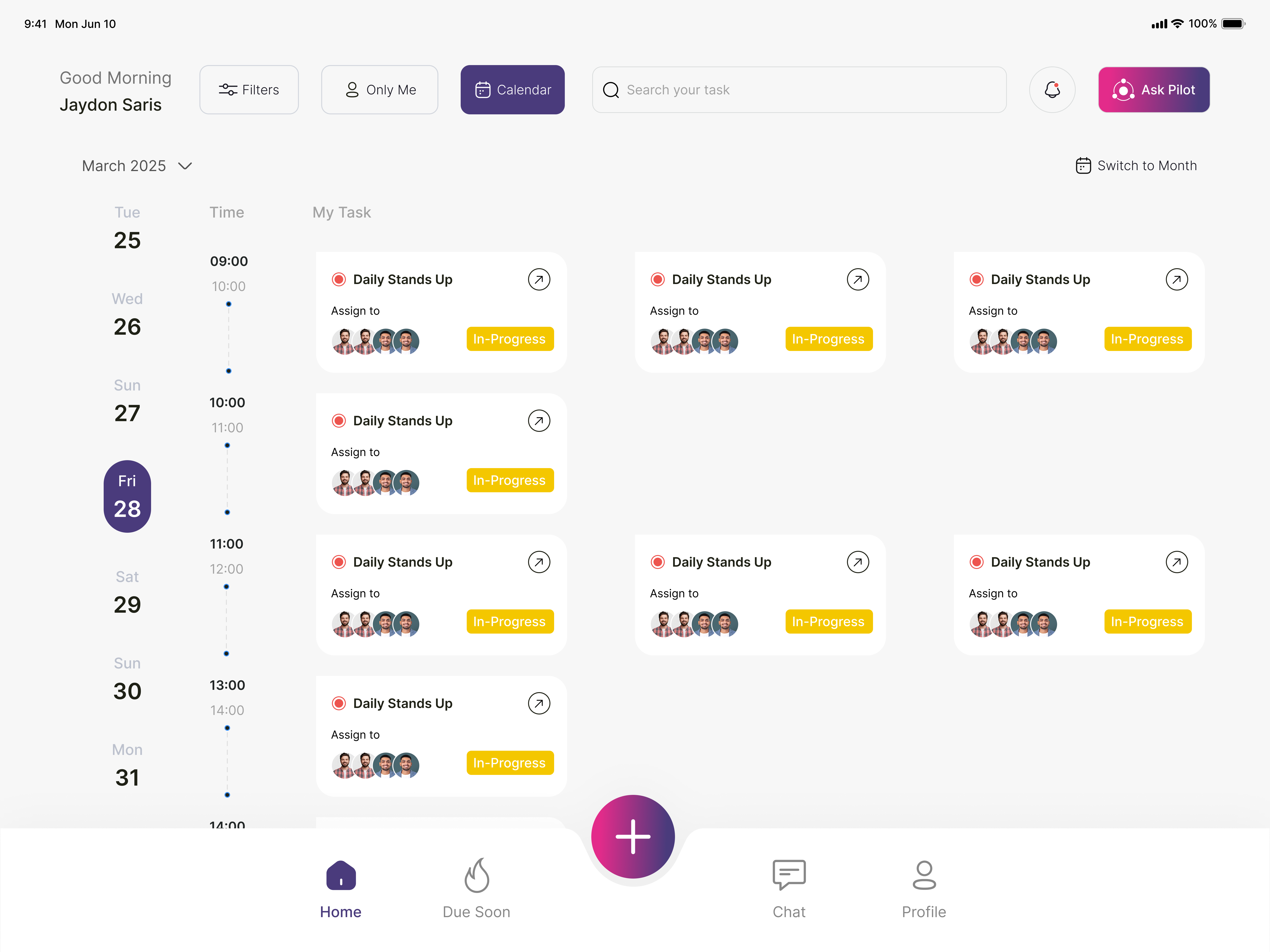 TasklyHub calendar view showing tasks and events organized by their due dates on a monthly calendar for effective scheduling.