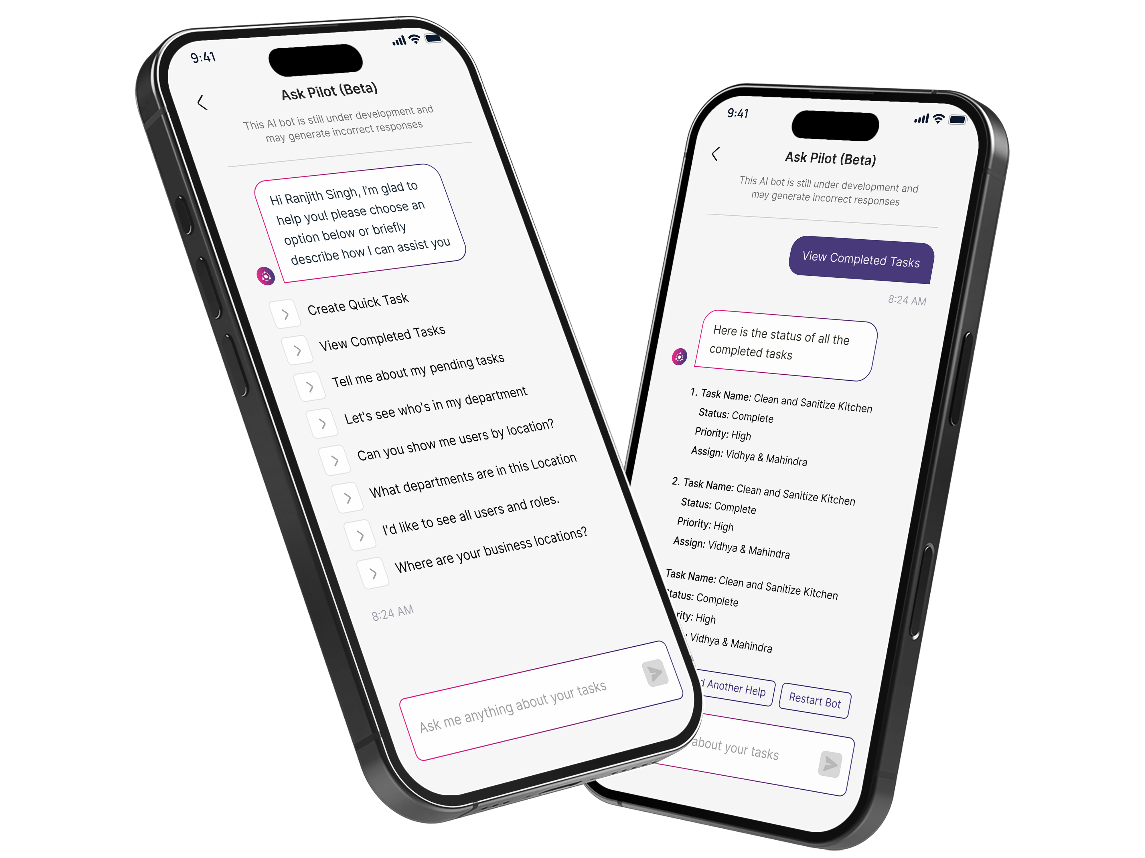 The TasklyHub AI assistant, 'Pilot', interacting with a user to generate a custom report from a natural language prompt