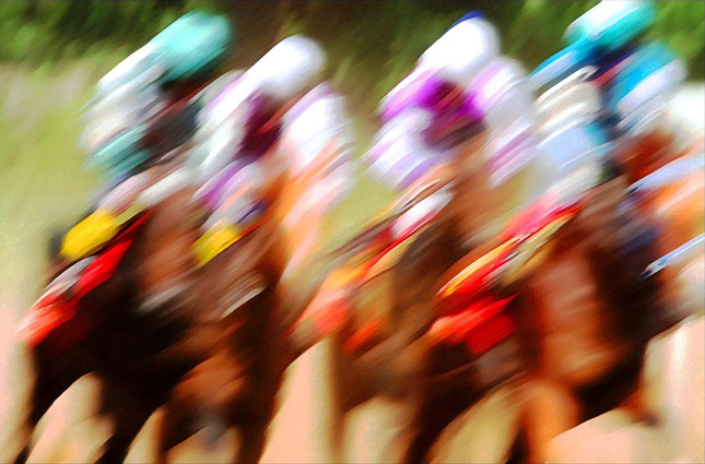 Race horses blurred by their motion
