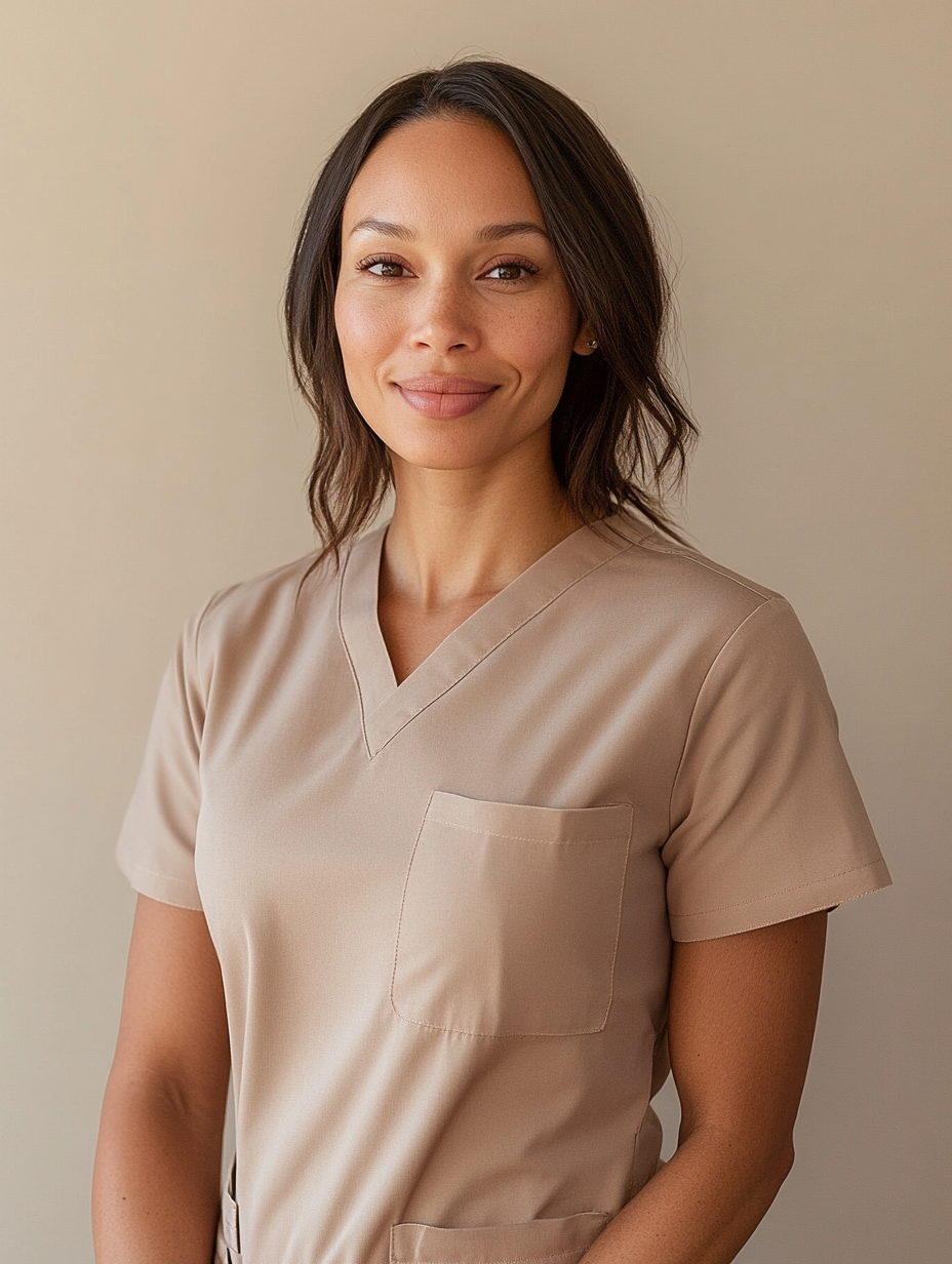 Reference — nurse wider portrait, tan scrubs, subtle smile