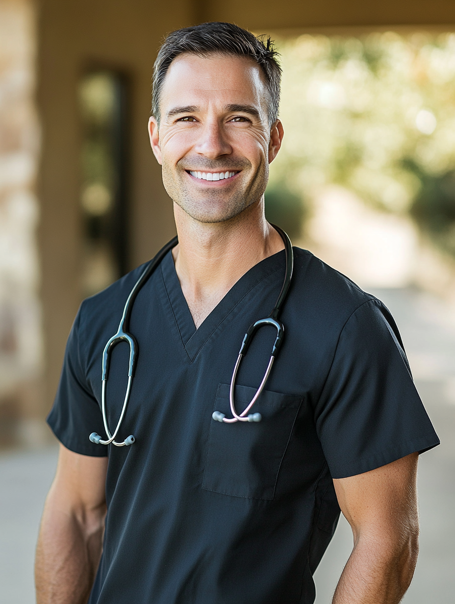 Reference — doctor standard headshot, dark scrubs, warm background