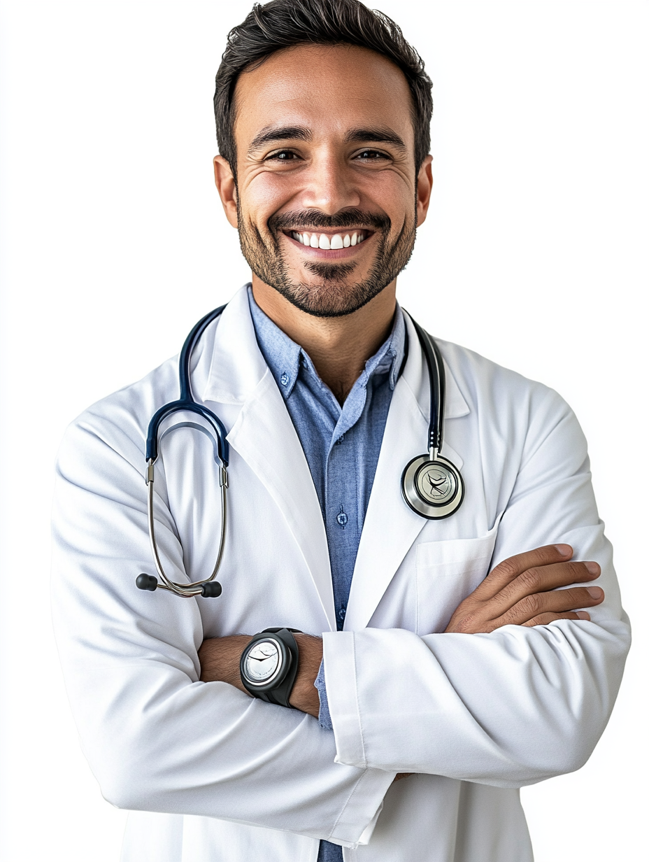 Anti-reference — too stock, crossed arms, stethoscope costume