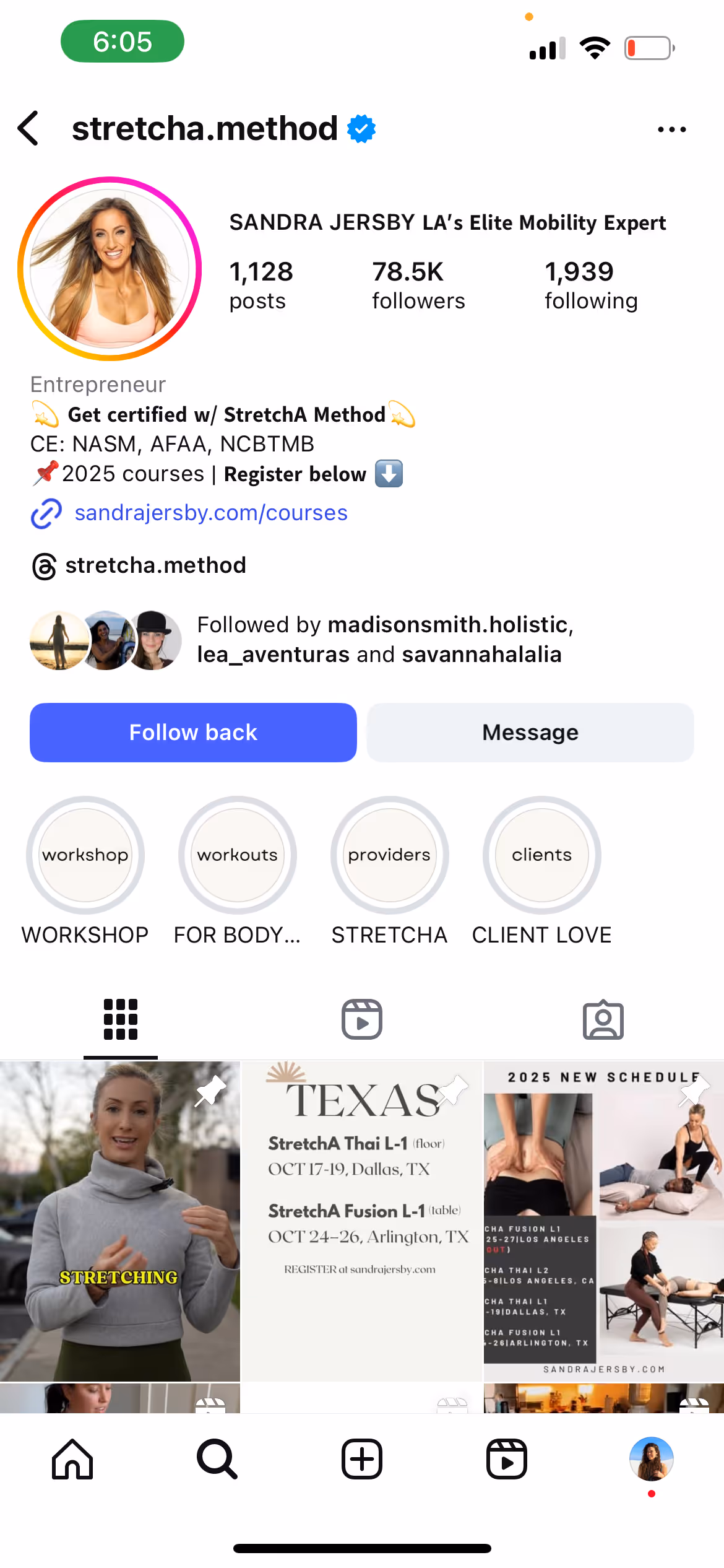 Sandra Jersby's Instagram profile for StretchA Method mobility training