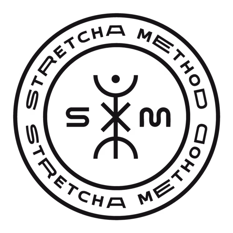Circle logo badge with minimalist black symbol or rune with geometric design and StretchA Method text