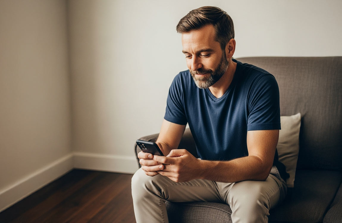 A man in his mid forties sitting at home on a sofa, reading a message received on his phone.