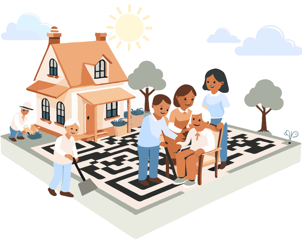 An illustration showing carers assisting an older man with gardening, and other tasks at his home. The lawn looks like a huge QR code, and there's a map pin hovering above the property.