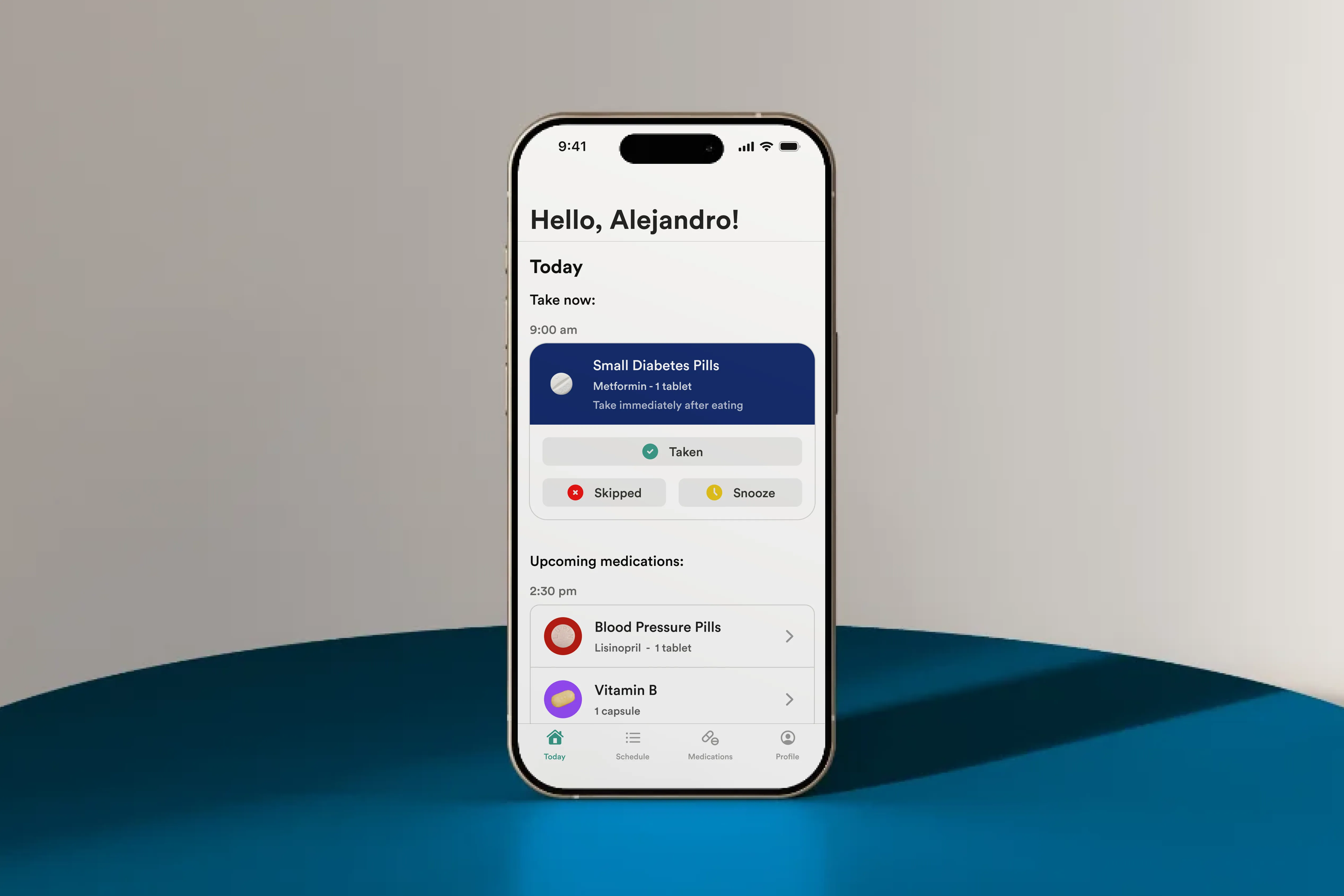 A mockup of MediPal depicting an iPhone 16 on a blue table with MediPal's home page on the screen.