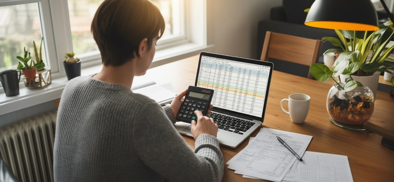 Person calculating debt-to-income ratio for mortgage approval, with a focus on financial documents and a calculator.