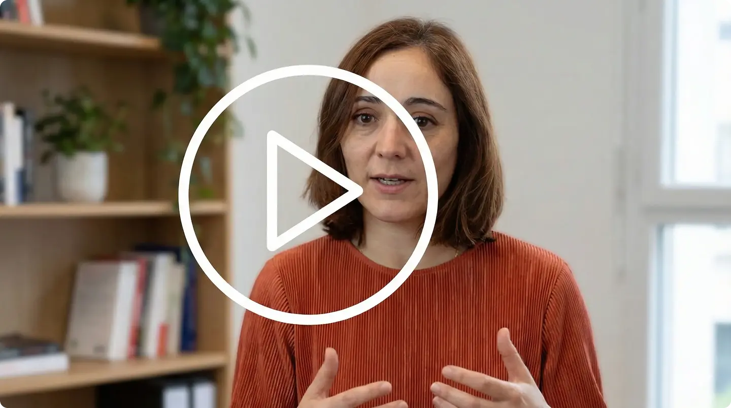 Femme avec un pull orange expliquant quelque chose devant une étagère à livres en arrière-plan.