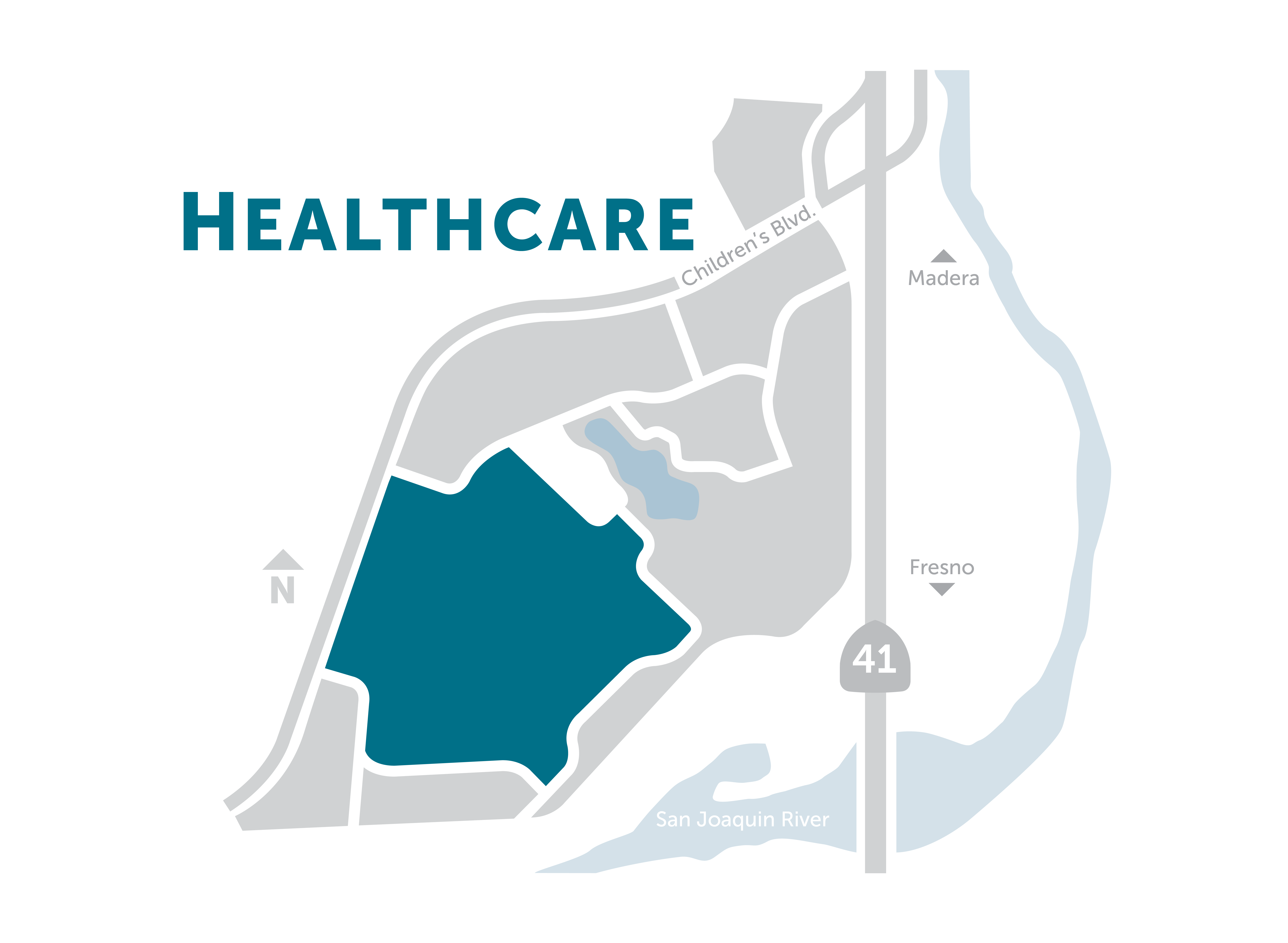 Map graphic showing the location of the Healthcare district within the campus.