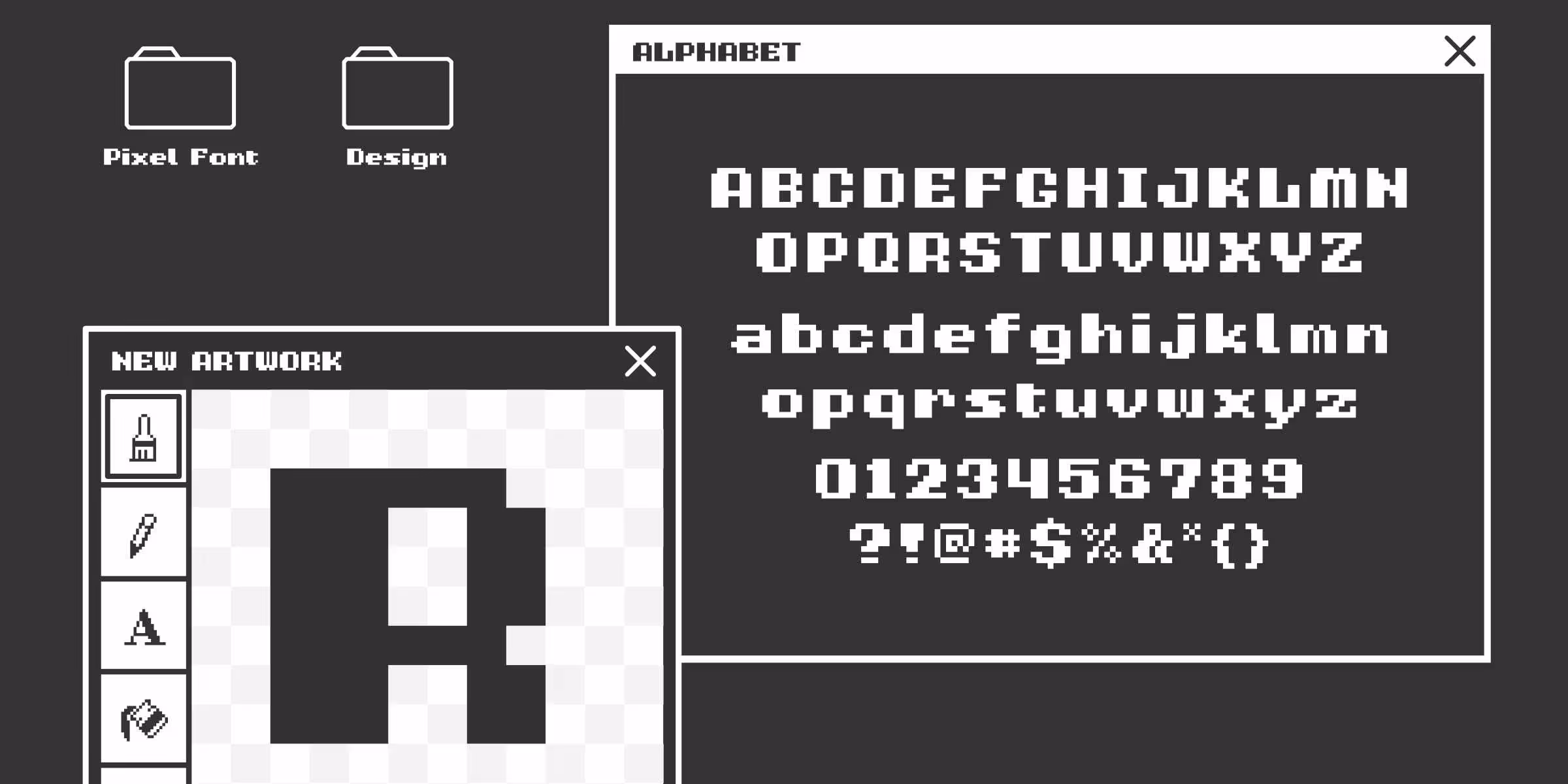 Classic computer user interface style windows in black and white. The left window is modelled after MS paint and has tools down the left and a drawing of the R in the canvas. The right window has an example of the full uppercase, lowercase, and numbers. 