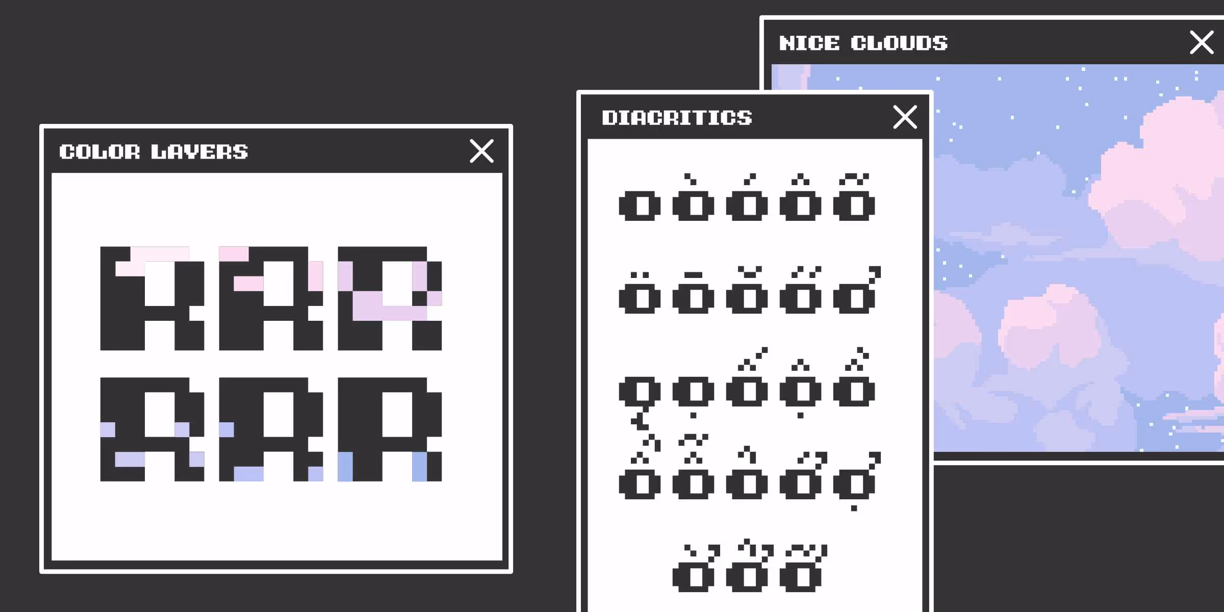 Classic computer user interface style windows in black and white. The left window shows the break down of the different colour layers in the letter R. The centre window shows the available diacritic marks above the lowercase o. The rightmost window has a colourful illustration of clouds made in a pixel art style. 