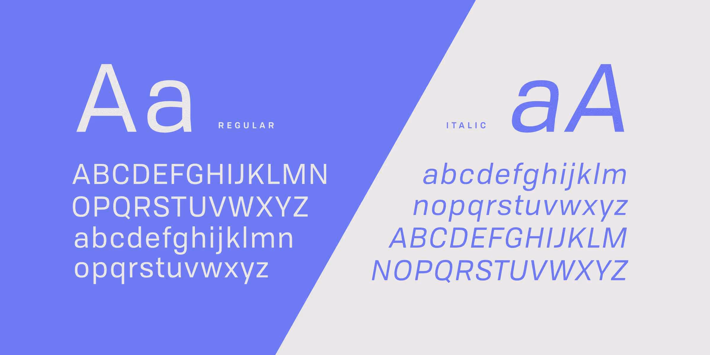 The page is divided by a diagonal line, the left side is blue with white writing and the right side is the opposite. There is an upper and lowercase "Aa" followed by a sample of the alphabet. The left side is the upright Roman style and the right side is the Italic.